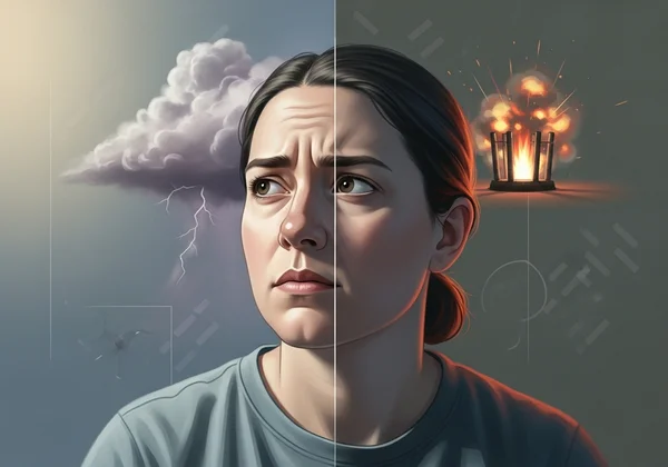 Seseorang merenung kemarahan, menunjukkan kekeliruan dan kelegaan.