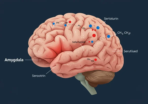 Brain diagram highlighting amygdala, prefrontal cortex, serotonin