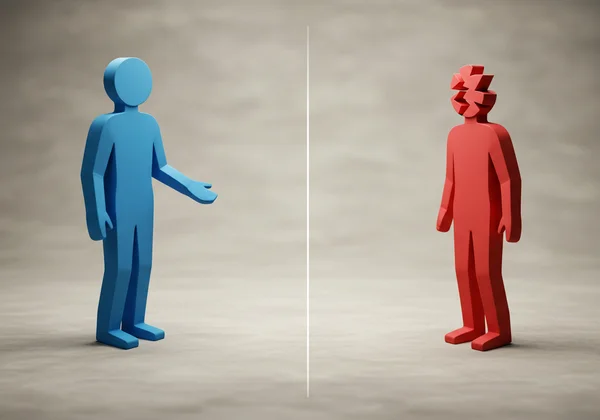 A person calmly offering space to an agitated individual.
