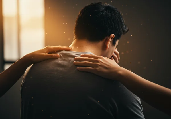 A person feeling supported by friends or a support group.