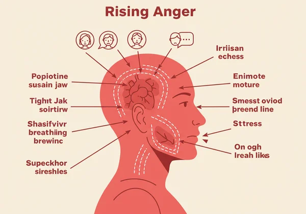 Illustrates physical and emotional signs of rising anger.