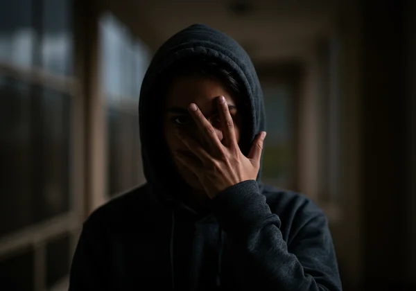 Person hiding face, representing shame and stigma of IED.