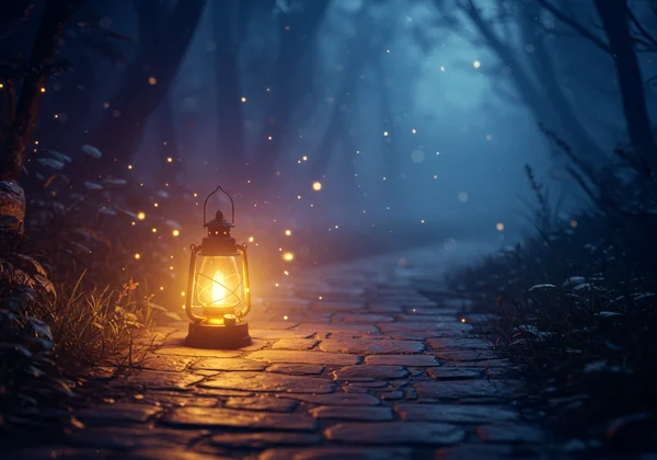 A warm lantern lighting a path in a dark forest, symbolizing guidance and hope.